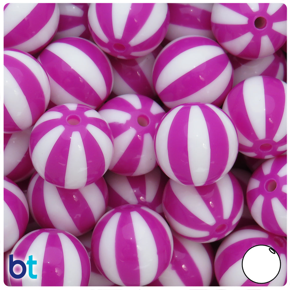 Purple Opaque 20mm Round Plastic Beads - White Beach Ball Stripes (10pcs)