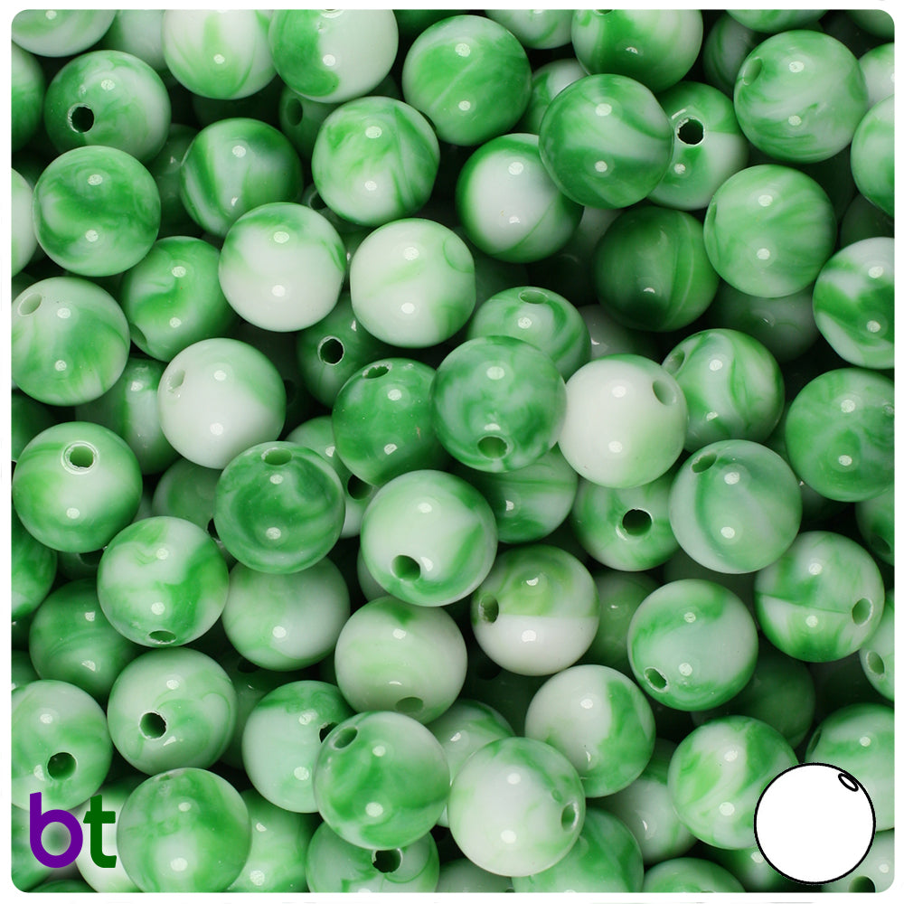 Green Marbled 10mm Round Plastic Beads (100pcs)
