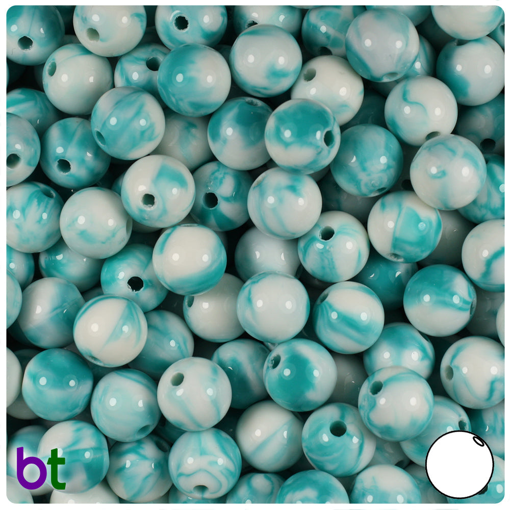 Turquoise Marbled 10mm Round Plastic Beads (100pcs)