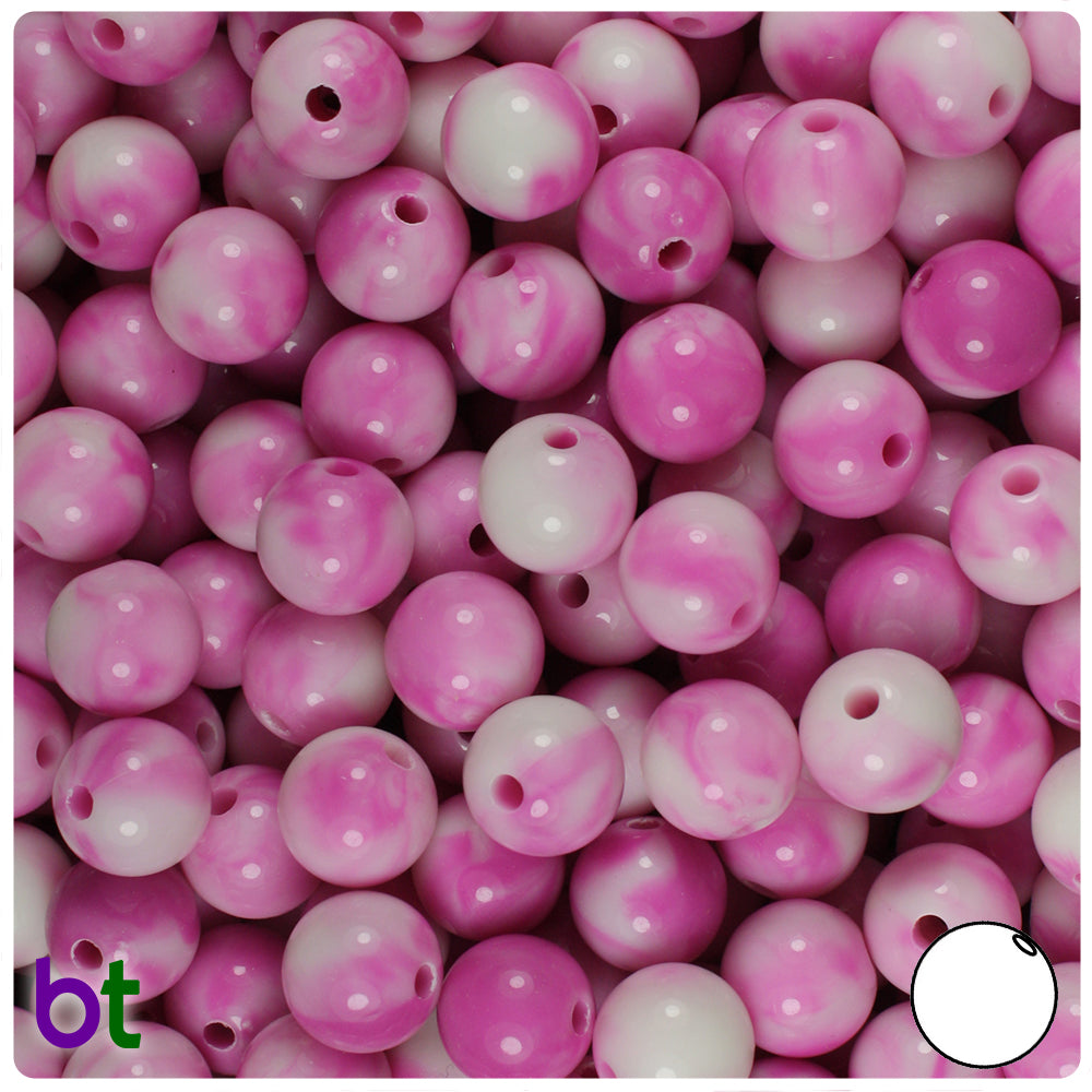 Pink Marbled 10mm Round Plastic Beads (100pcs)