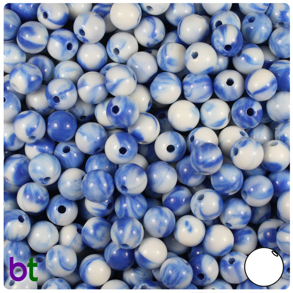 Blue Marbled 8mm Round Plastic Beads (150pcs)