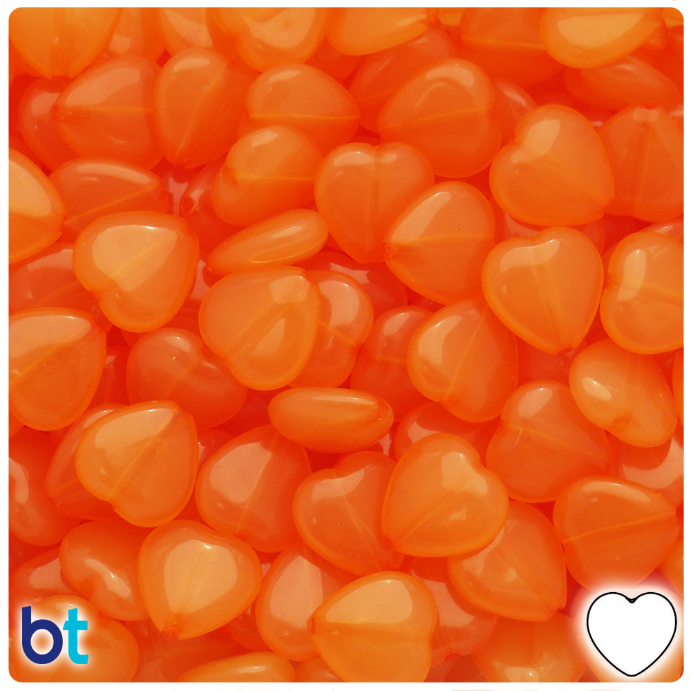 Orange Translucent 14mm Heart Plastic Beads (60pcs)