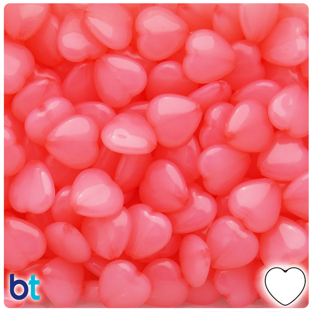 Medium Pink Translucent 14mm Heart Plastic Beads (60pcs)