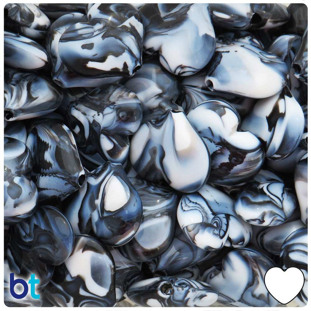 Black Marbled 23mm Heart Plastic Beads (24pcs)