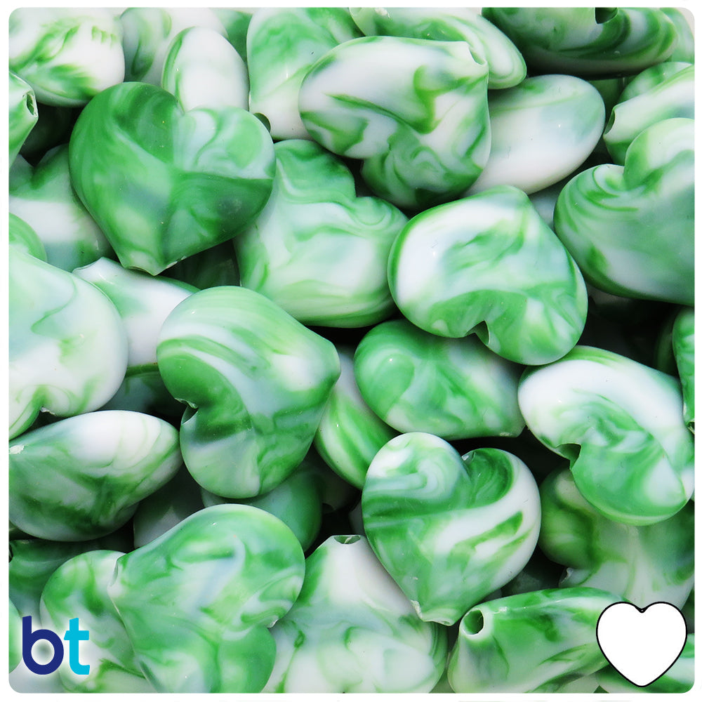 Green Marbled 23mm Heart Plastic Beads (24pcs)