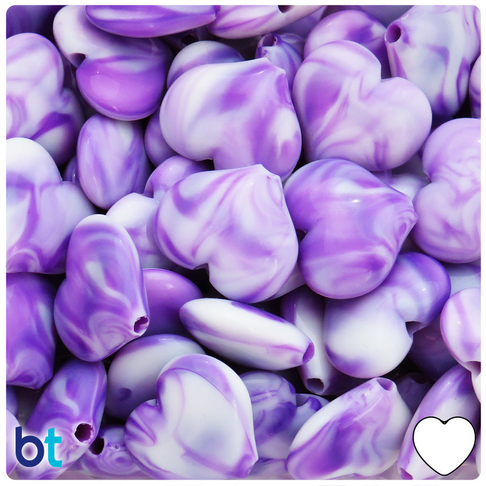 Purple Marbled 23mm Heart Plastic Beads (24pcs)