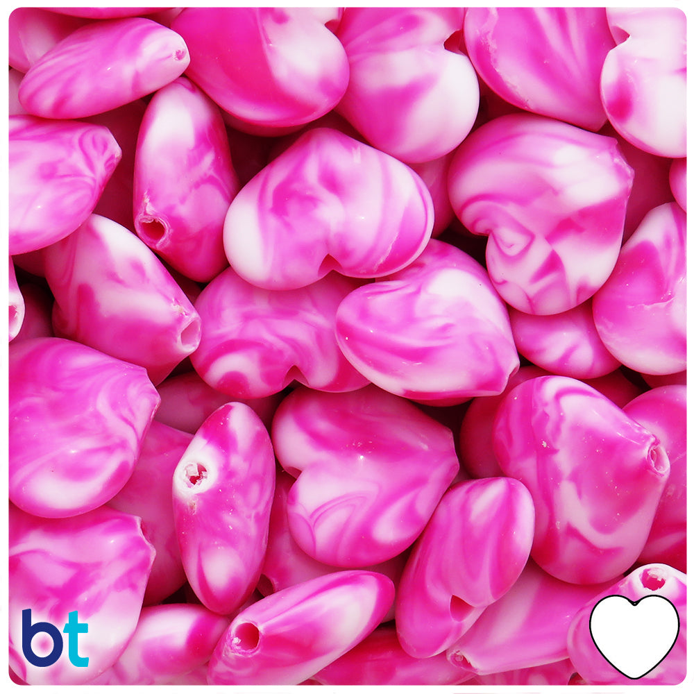 Pink Marbled 23mm Heart Plastic Beads (24pcs)