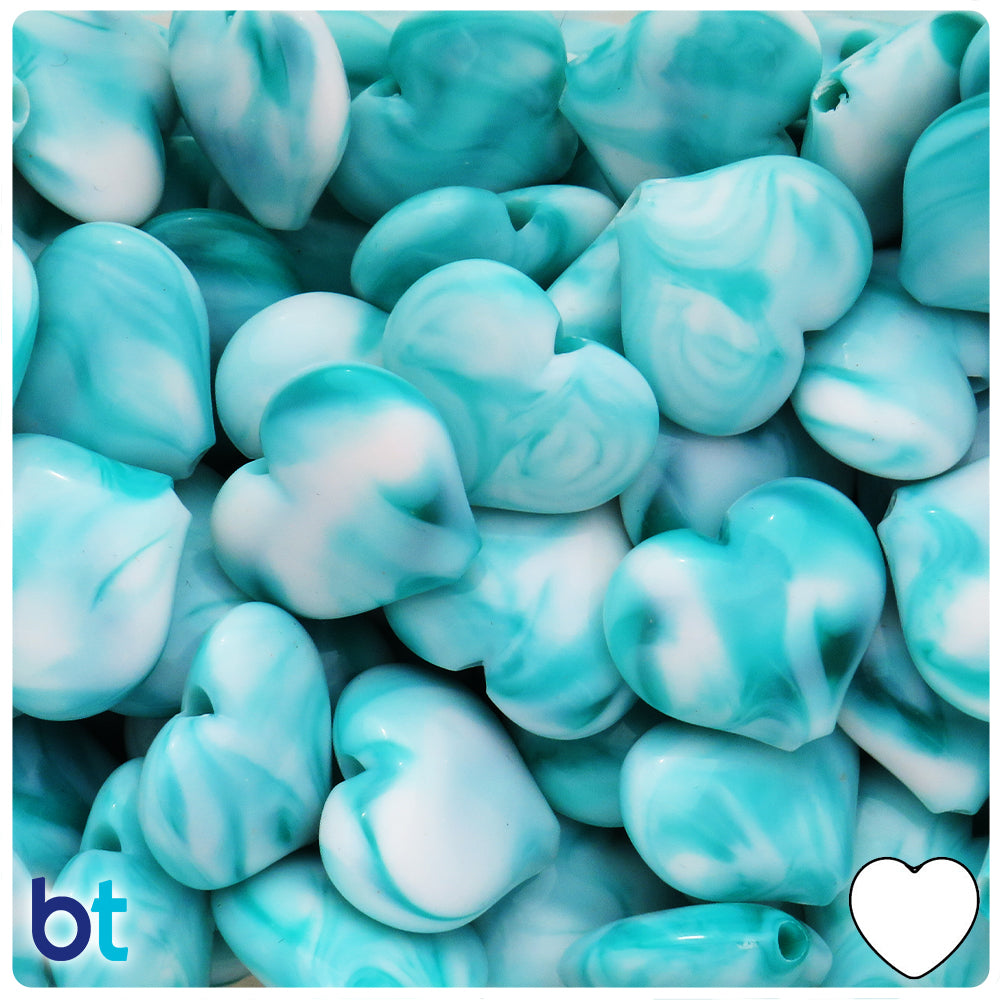 Turquoise Marbled 23mm Heart Plastic Beads (24pcs)