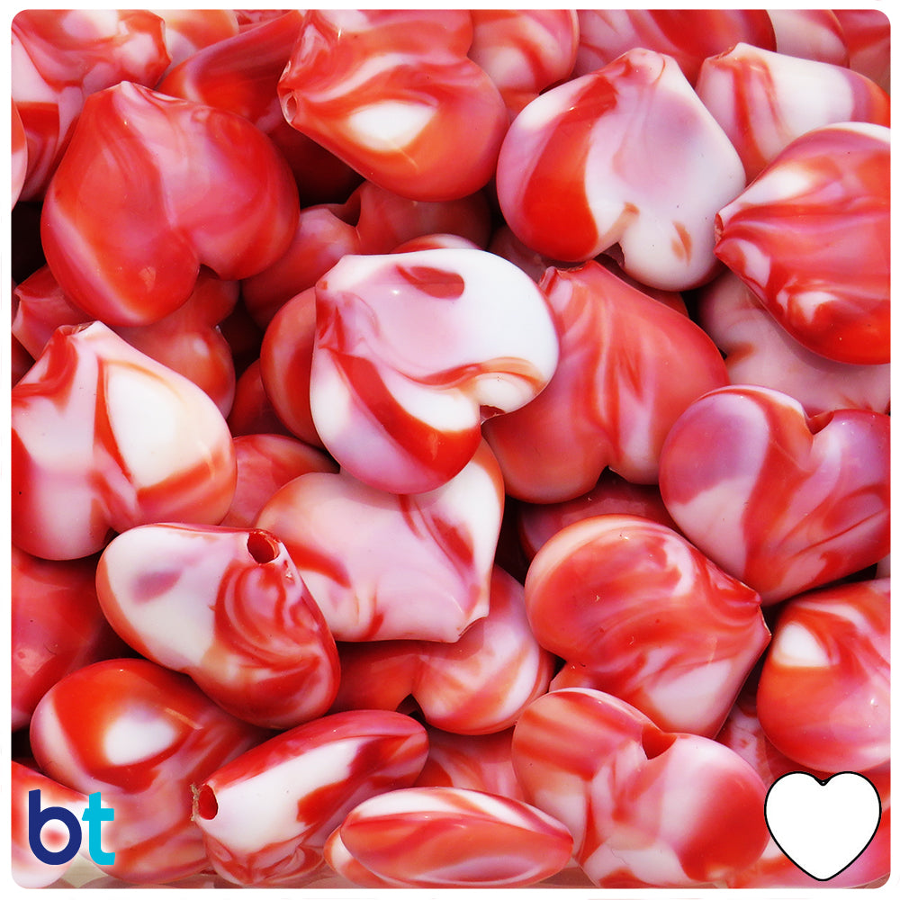 Red Marbled 23mm Heart Plastic Beads (24pcs)