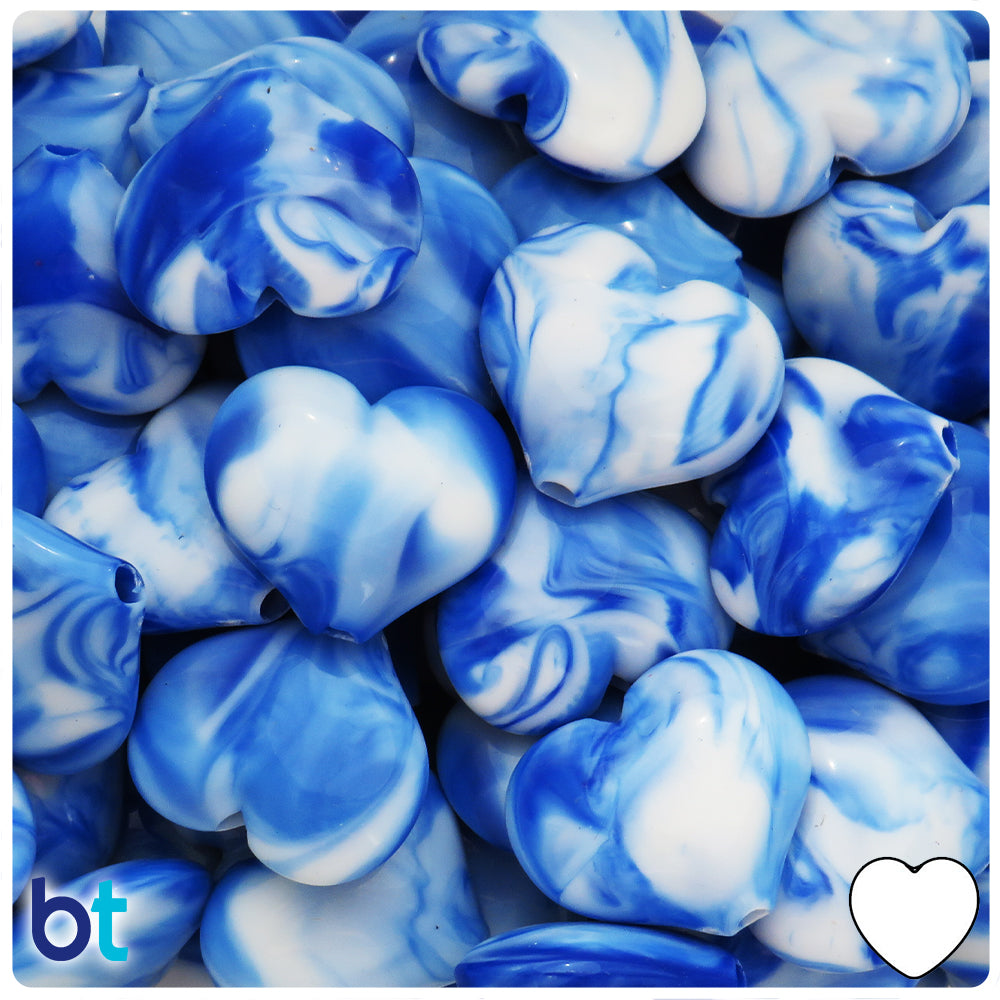 Blue Marbled 23mm Heart Plastic Beads (24pcs)