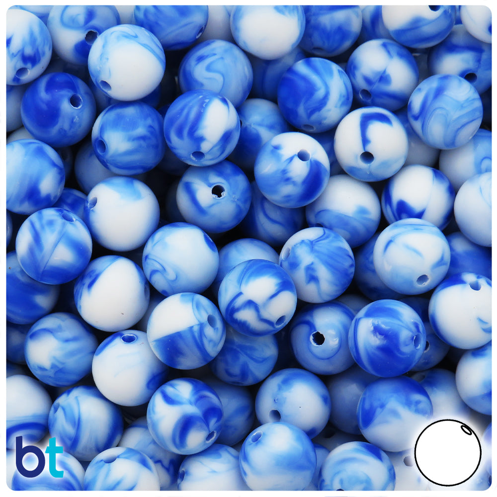 Blue Marbled 12mm Round Plastic Beads (75pcs)