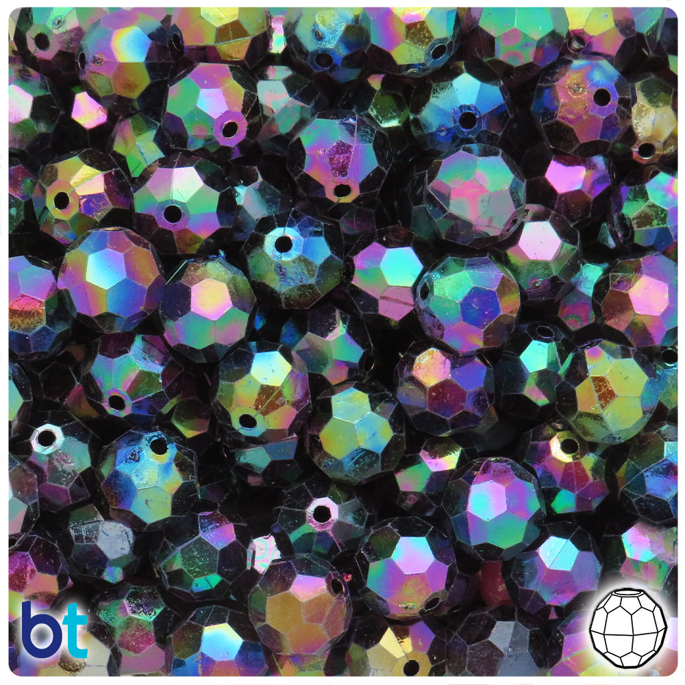 Black Opaque AB 12mm Faceted Round Plastic Beads (75pcs)