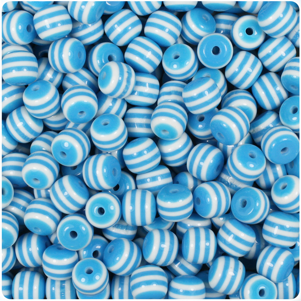 Light Blue Opaque 8mm Round Resin Beads - White Stripes (120pcs)
