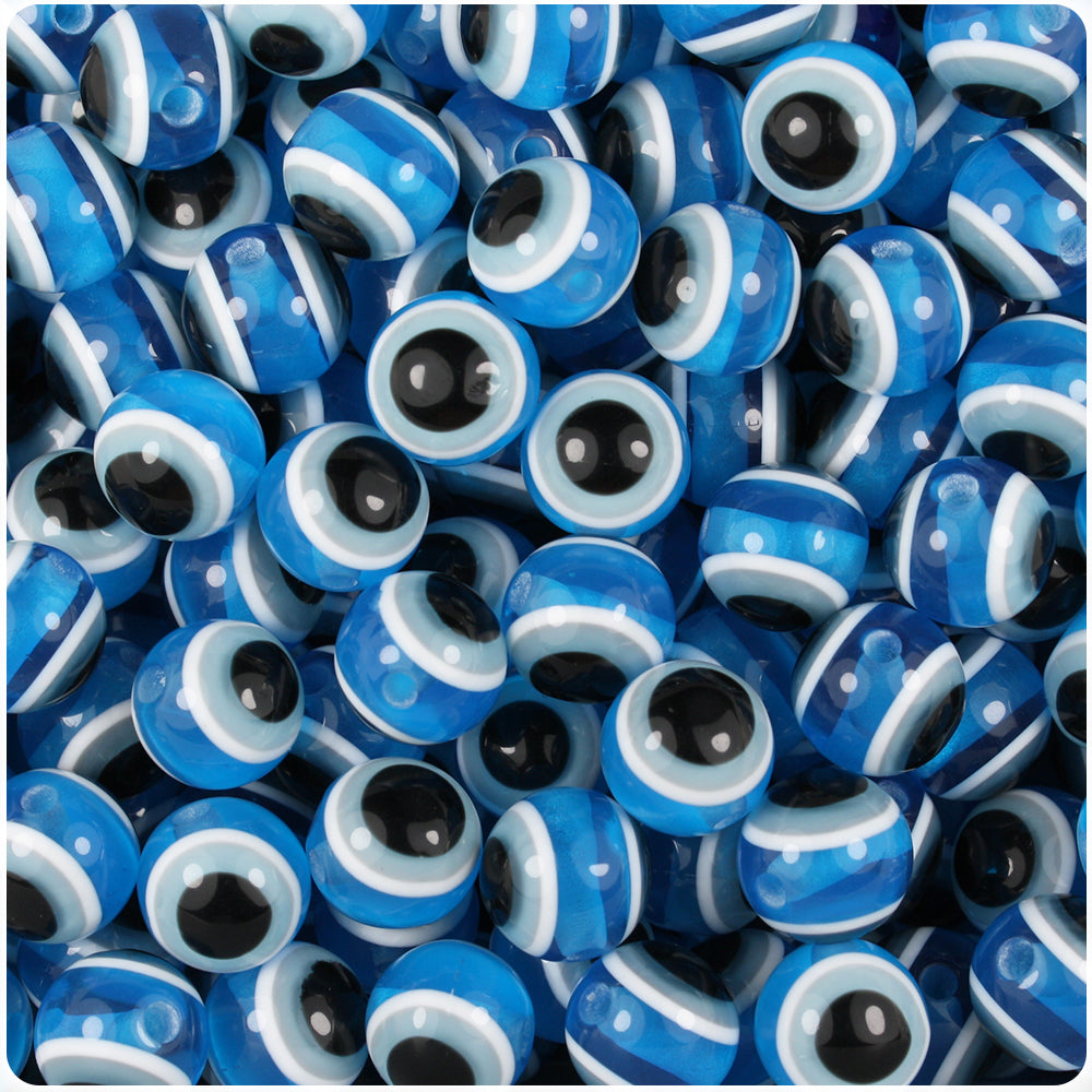 Blue Transparent 10mm Round Resin Beads - Evil Eye Design (100pcs)