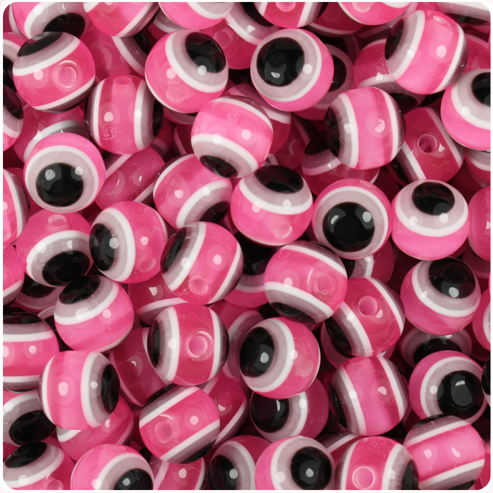 Pink Transparent 10mm Round Resin Beads - Evil Eye Design (100pcs)