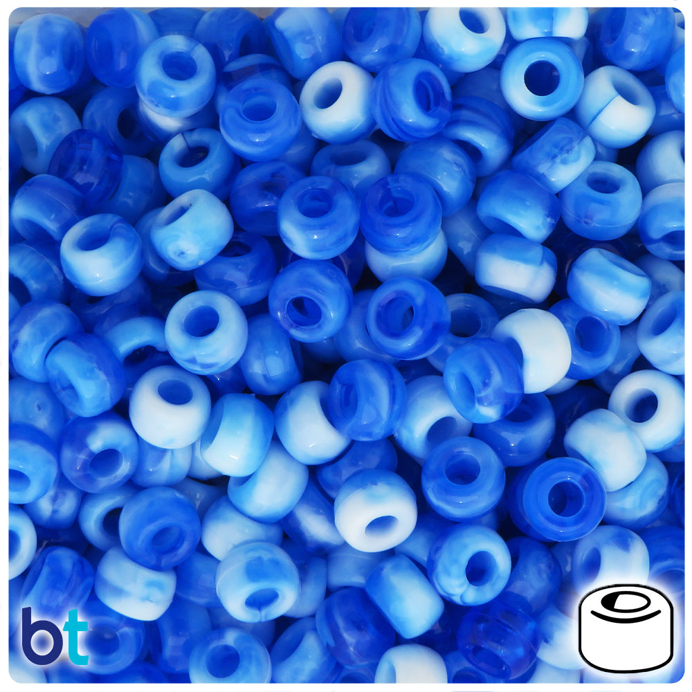 Blue Marbled 9x6mm Barrel Pony Beads (300pcs)