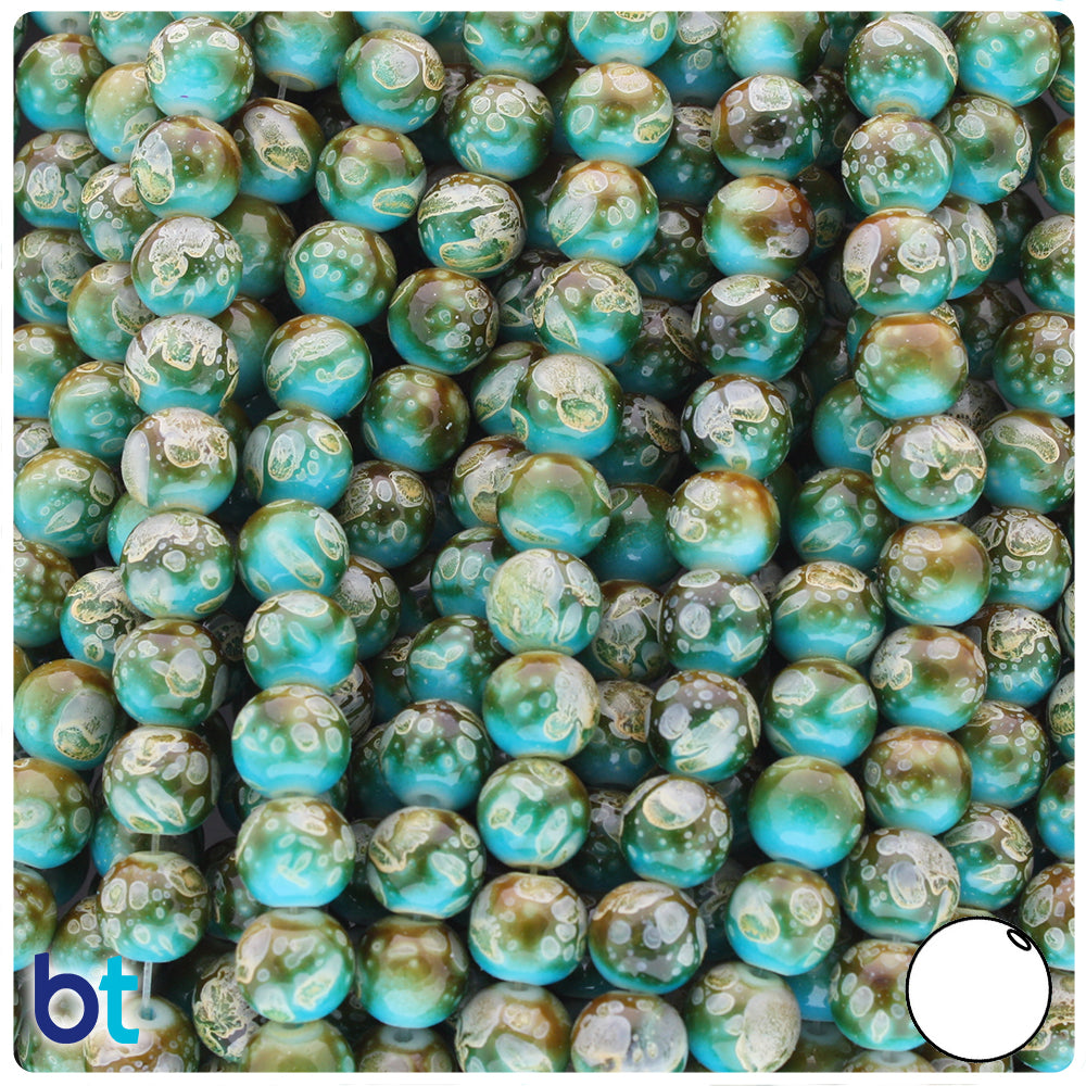 Blue, Brown & Ivory Polished 8mm Round Fashion Glass Beads (100pcs)