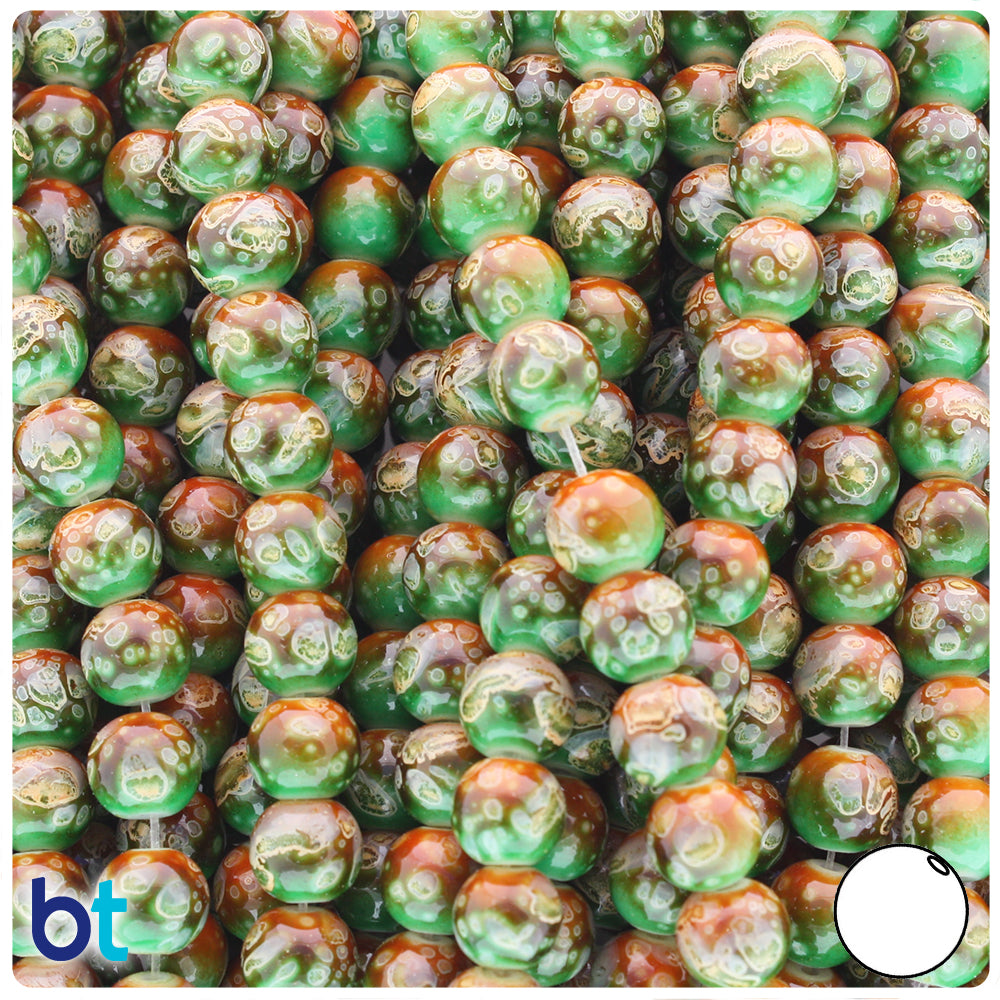 Orange, Green & Ivory Polished 8mm Round Fashion Glass Beads (100pcs)