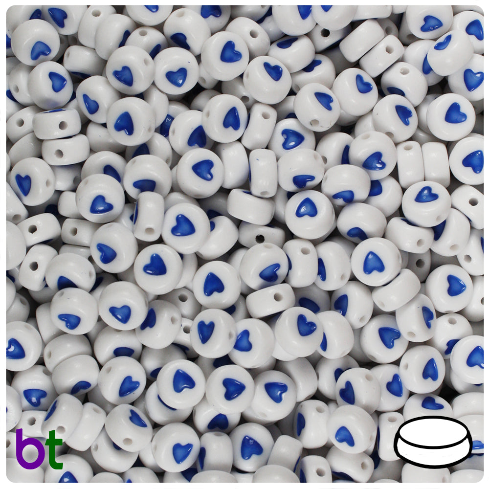 White Opaque 7mm Coin Alpha Beads - Dark Blue Hearts (250pcs)