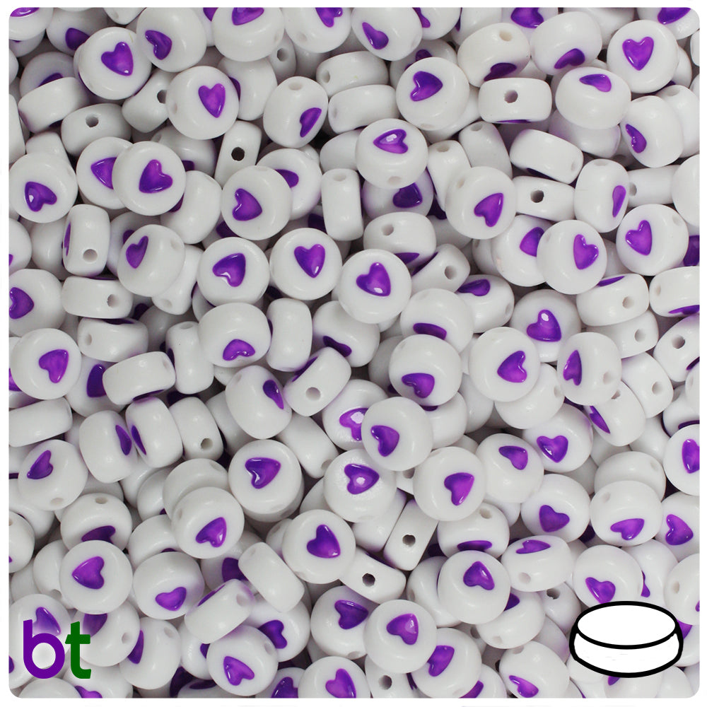 White Opaque 7mm Coin Alpha Beads - Purple Hearts (250pcs)