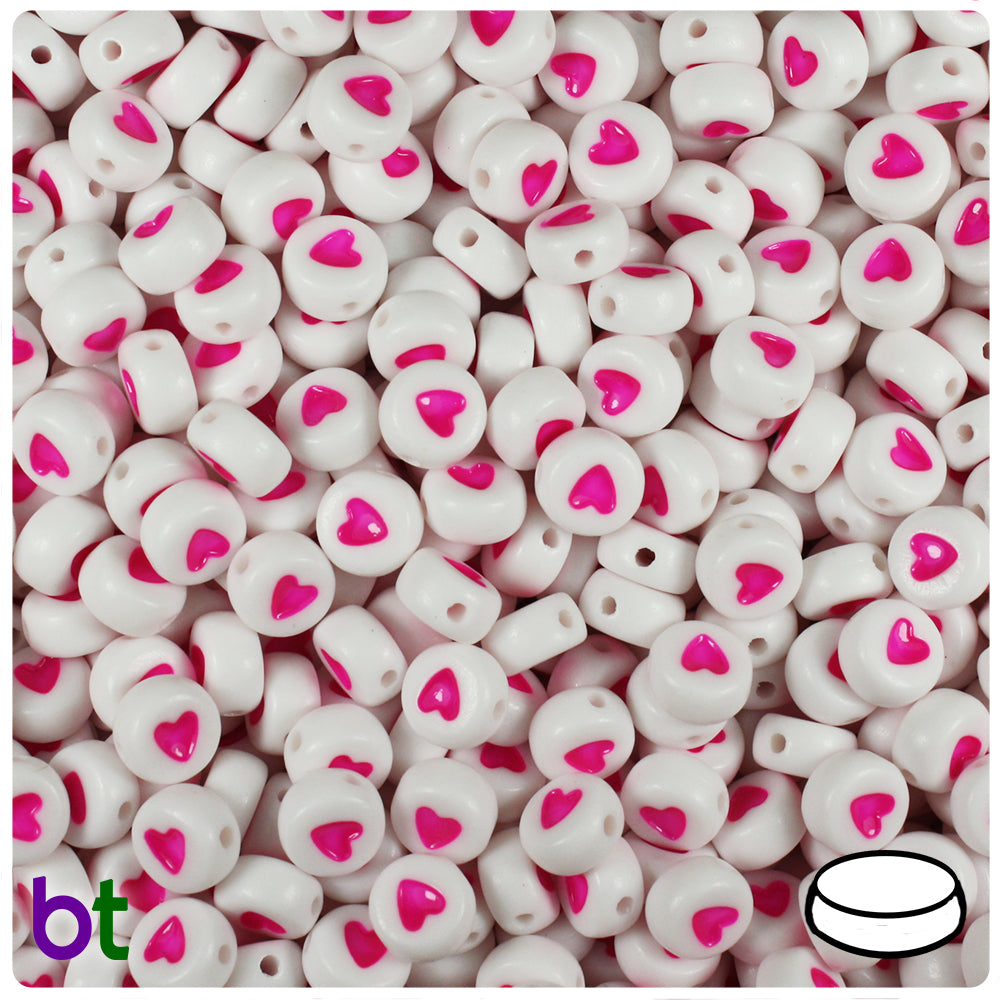 White Opaque 7mm Coin Alpha Beads - Pink Hearts (250pcs)