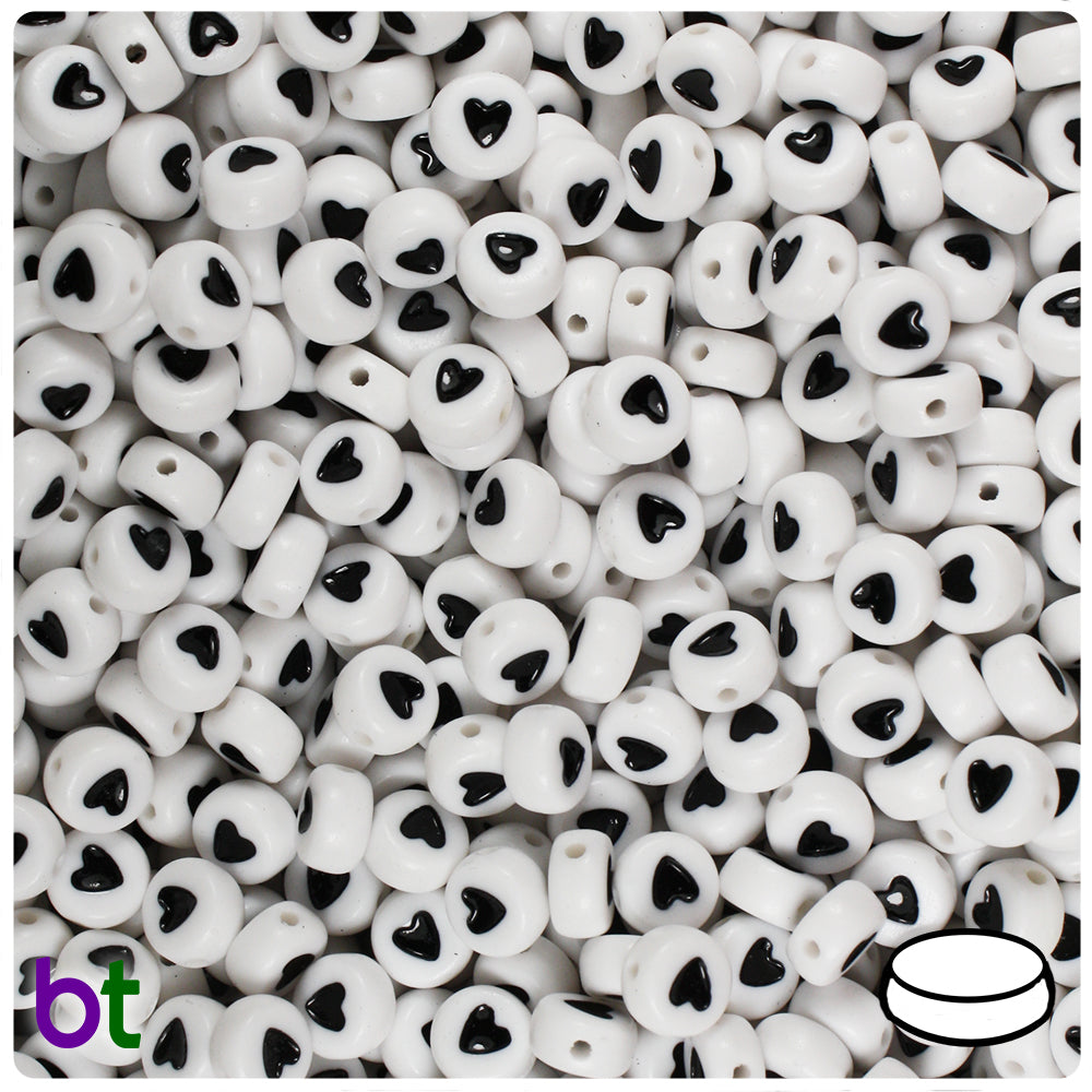 White Opaque 7mm Coin Alpha Beads - Black Hearts (250pcs)