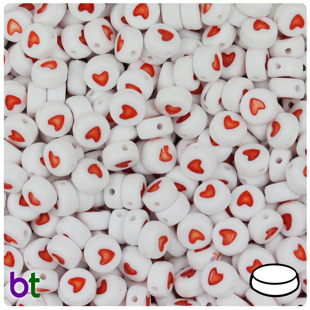 White Opaque 7mm Coin Alpha Beads - Red Hearts (250pcs)