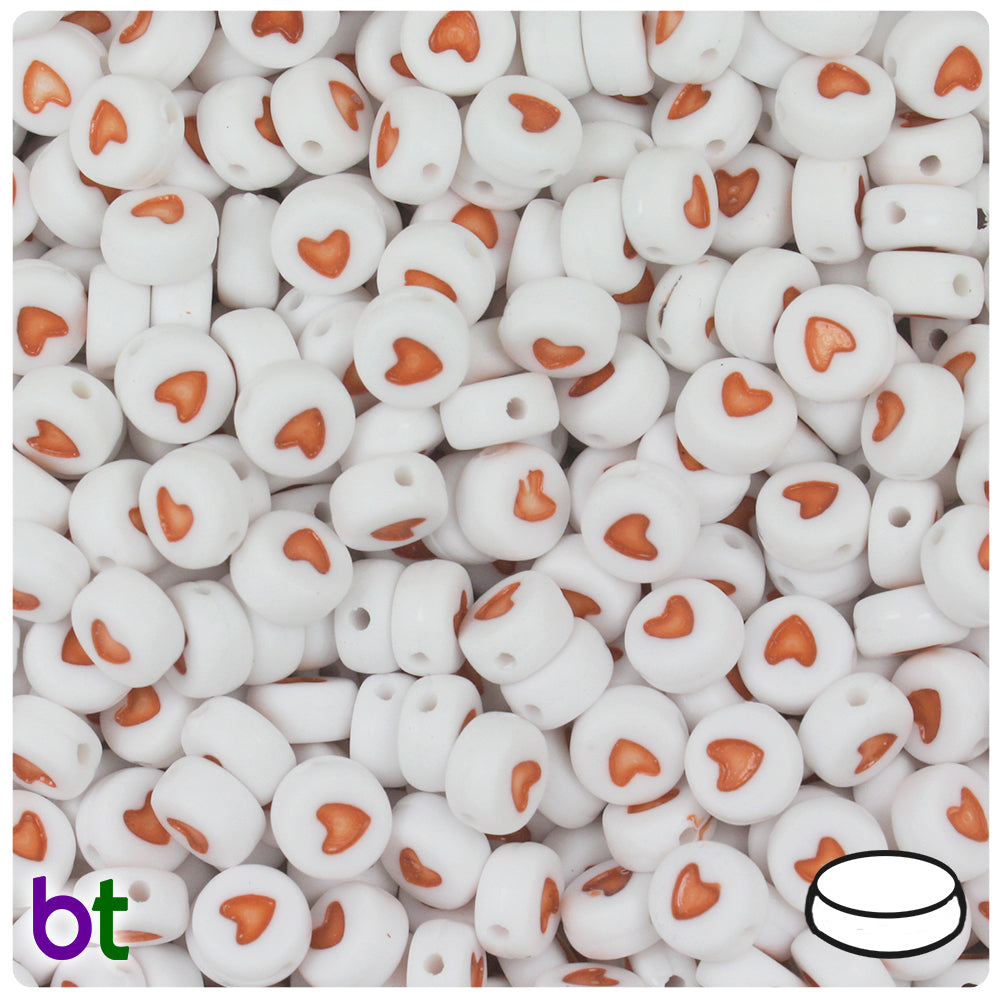 White Opaque 7mm Coin Alpha Beads - Coral Hearts (250pcs)