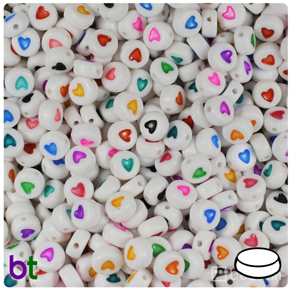 White Opaque 7mm Coin Alpha Beads - Colored Hearts (250pcs)