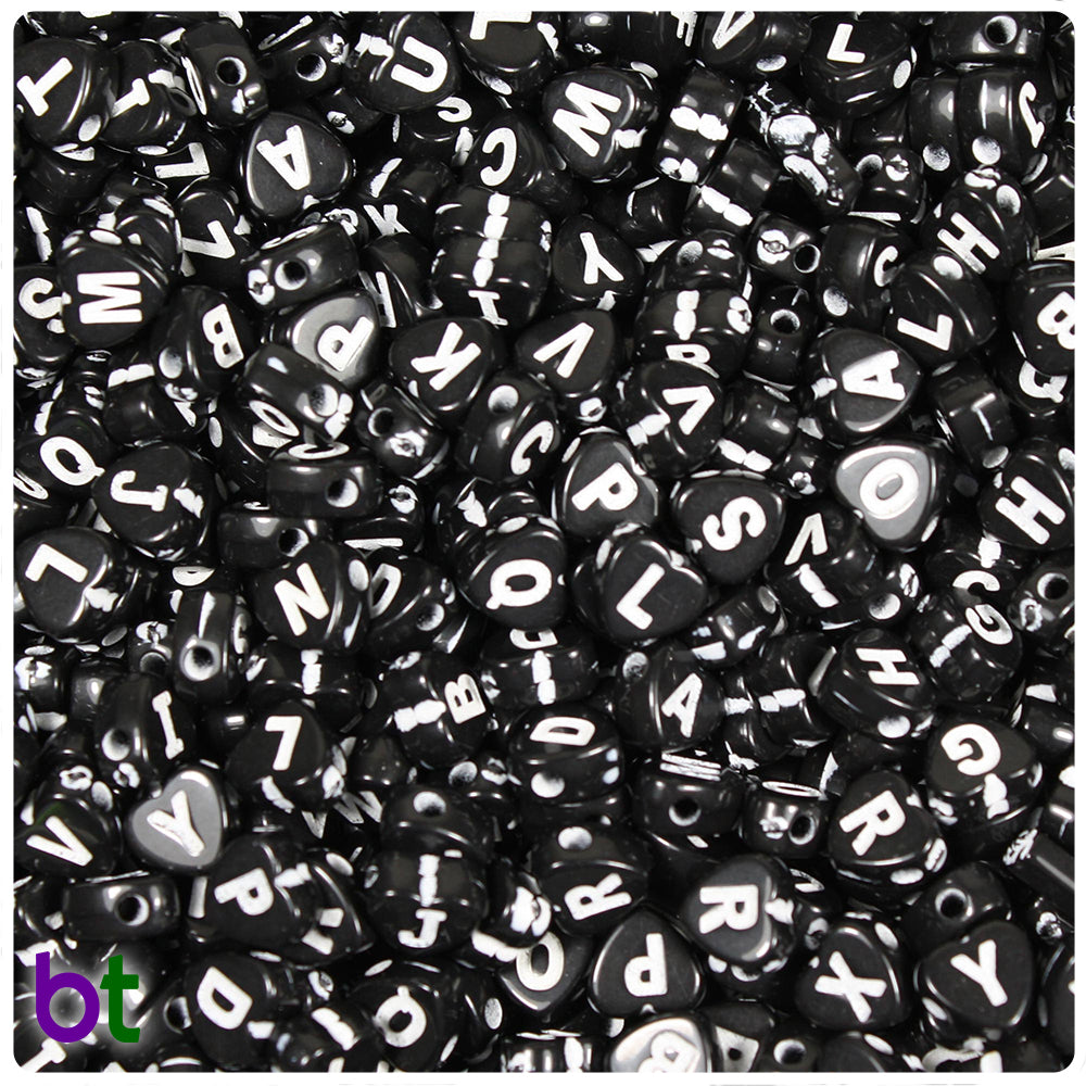 Black Opaque 7mm Heart Alpha Beads - White Letter Mix (250pcs)
