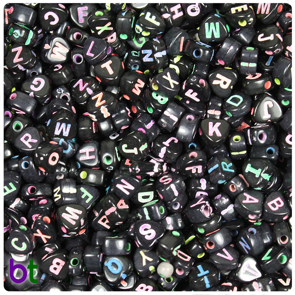 Black Opaque 7mm Heart Alpha Beads - Colored Letter Mix (250pcs)