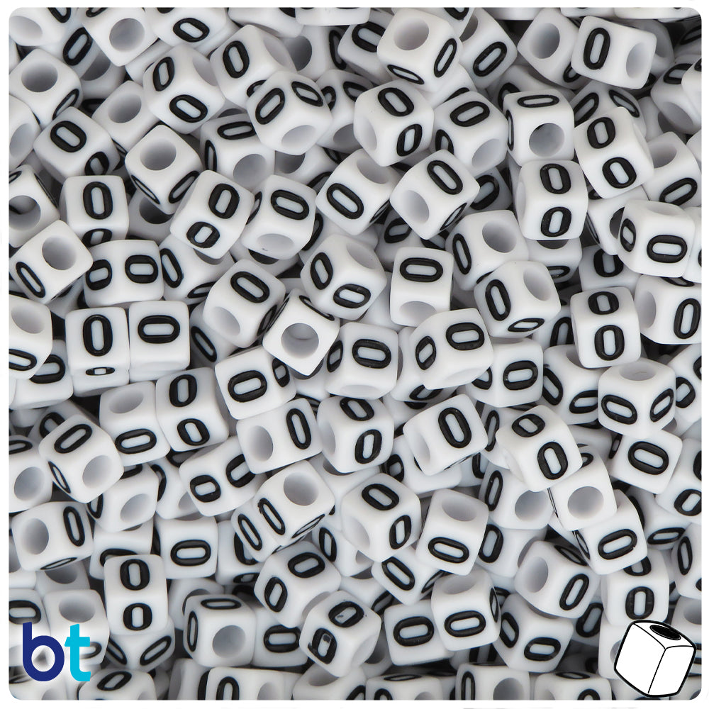 White Opaque 6mm Cube Alpha Beads - Black Number 0 (80pcs)