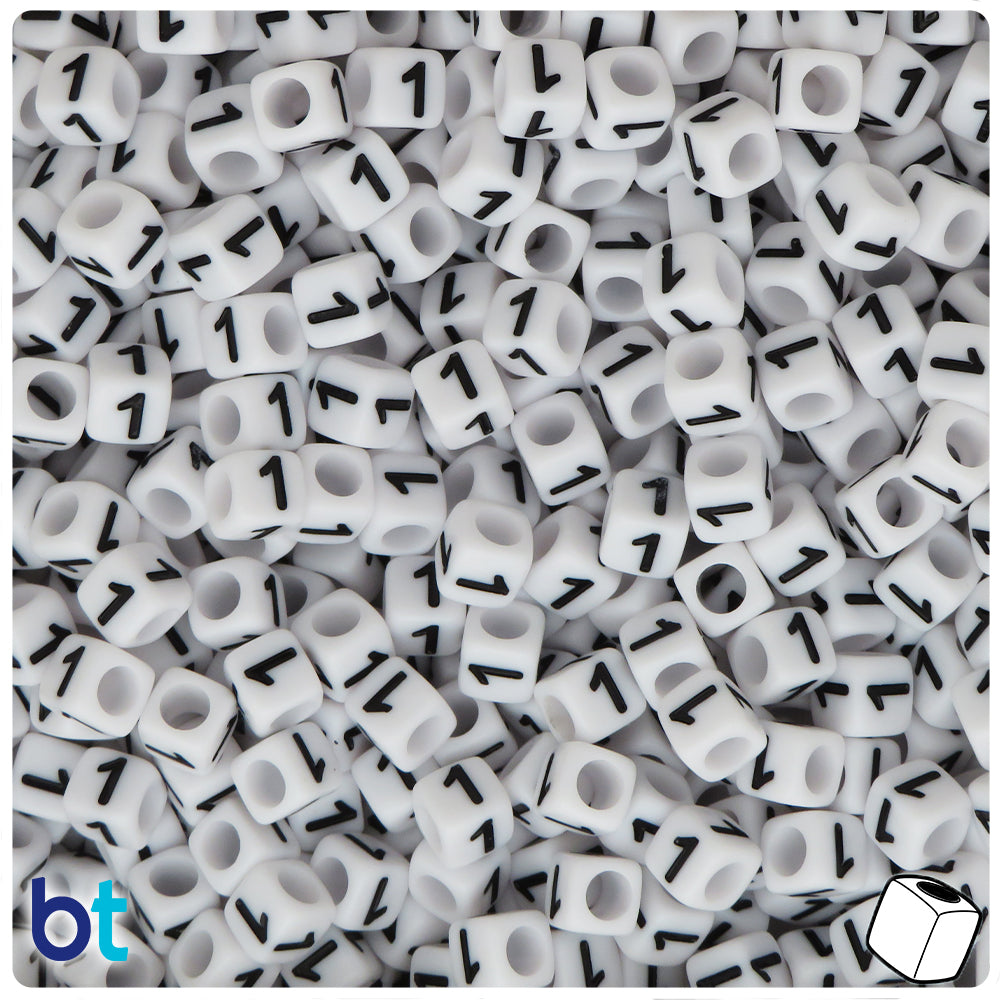 White Opaque 6mm Cube Alpha Beads - Black Number 1 (80pcs)