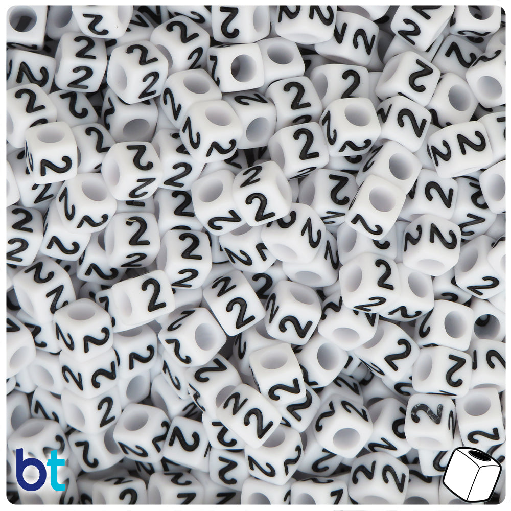 White Opaque 6mm Cube Alpha Beads - Black Number 2 (80pcs)