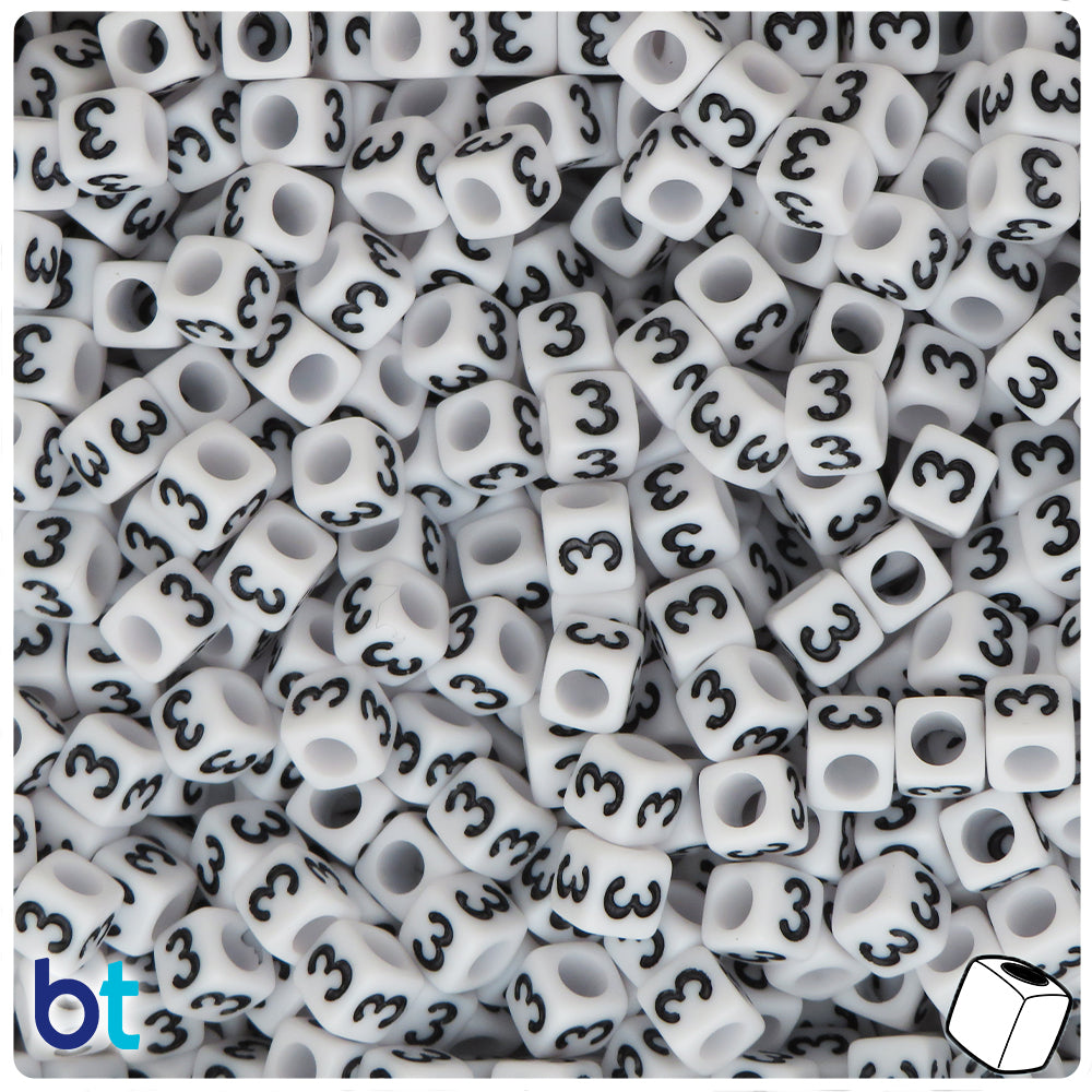 White Opaque 6mm Cube Alpha Beads - Black Number 3 (80pcs)
