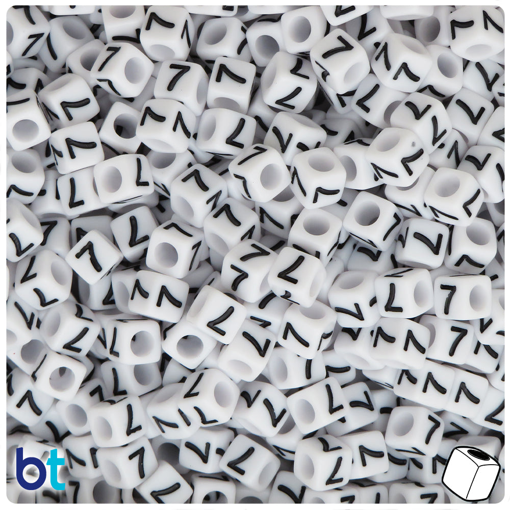 White Opaque 6mm Cube Alpha Beads - Black Number 7 (80pcs)