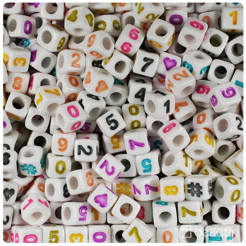 White Opaque 7mm Cube Alpha Beads - Colored Number Mix (200pcs)