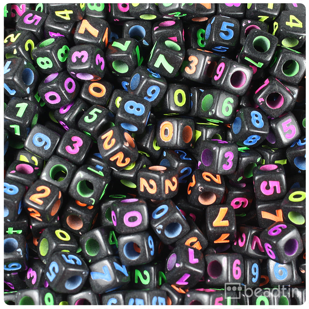 Black Opaque 7mm Cube Alpha Beads - Colored Number Mix (200pcs)