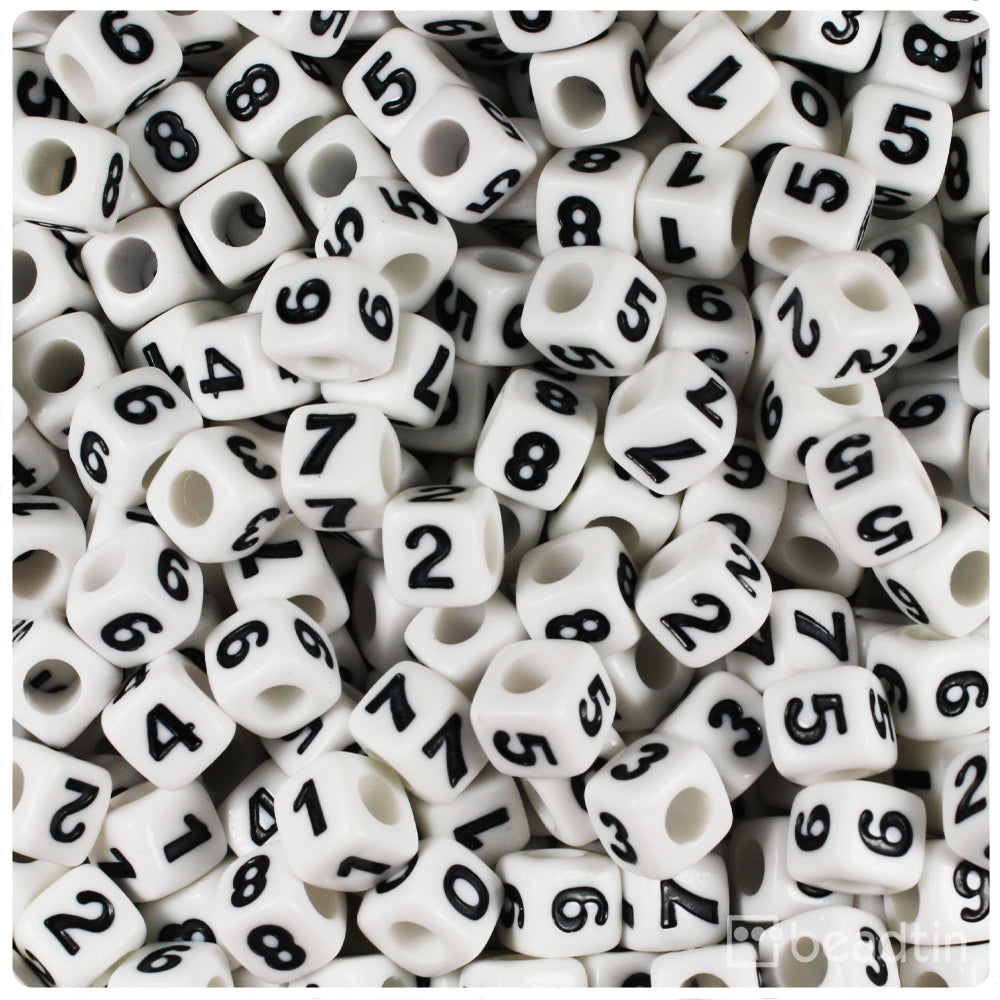 White Opaque 7mm Cube Alpha Beads - Black Number Mix (200pcs)