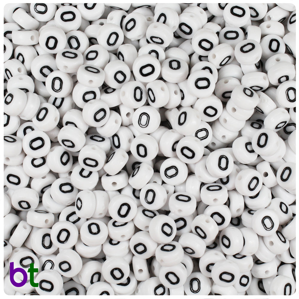 White Opaque 7mm Coin Alpha Beads - Black Number 0 (100pcs)