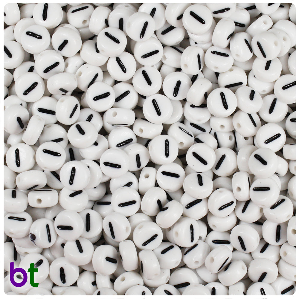 White Opaque 7mm Coin Alpha Beads - Black Number 1 (100pcs)
