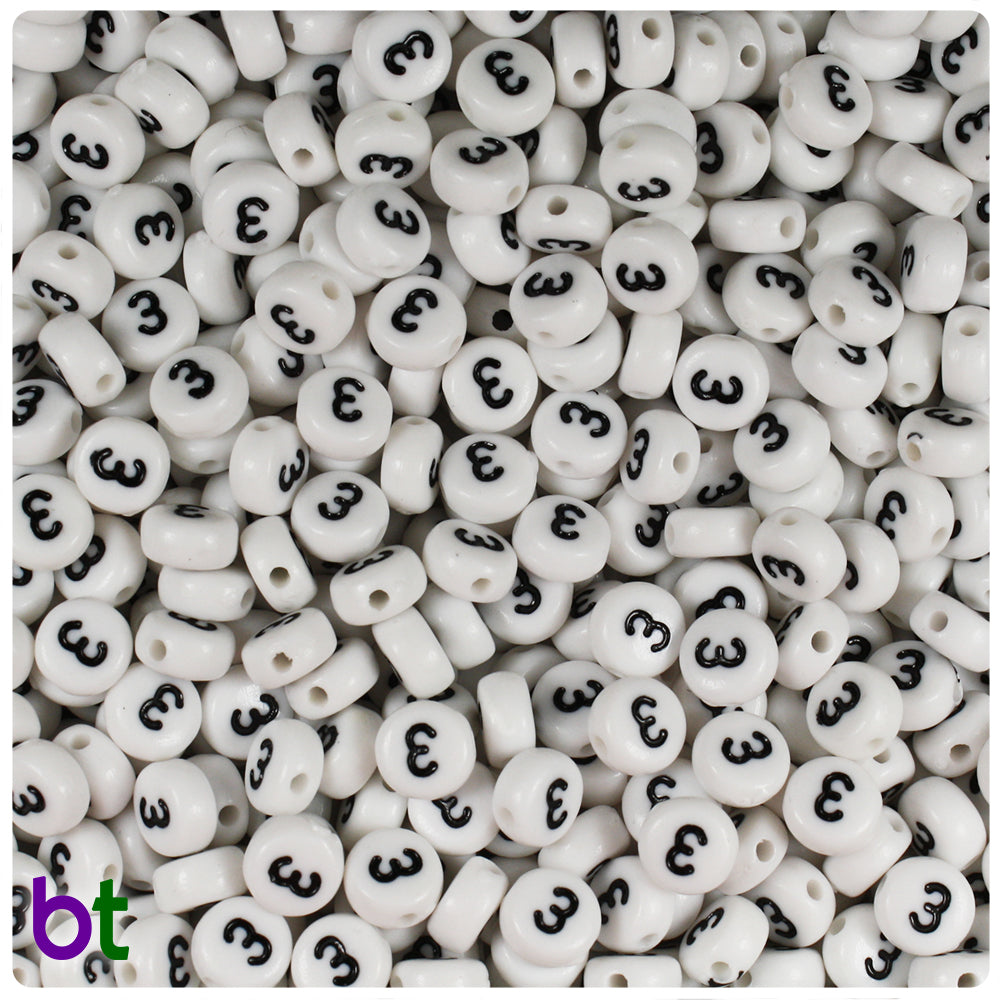 White Opaque 7mm Coin Alpha Beads - Black Number 3 (100pcs)