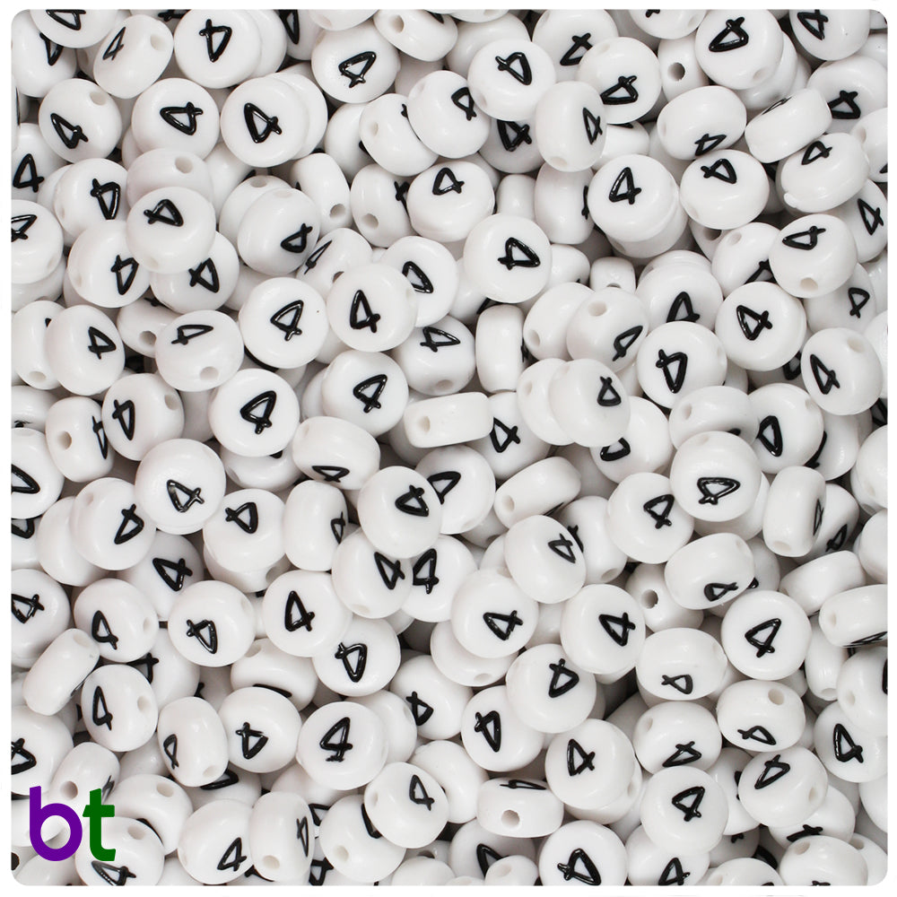 White Opaque 7mm Coin Alpha Beads - Black Number 4 (100pcs)