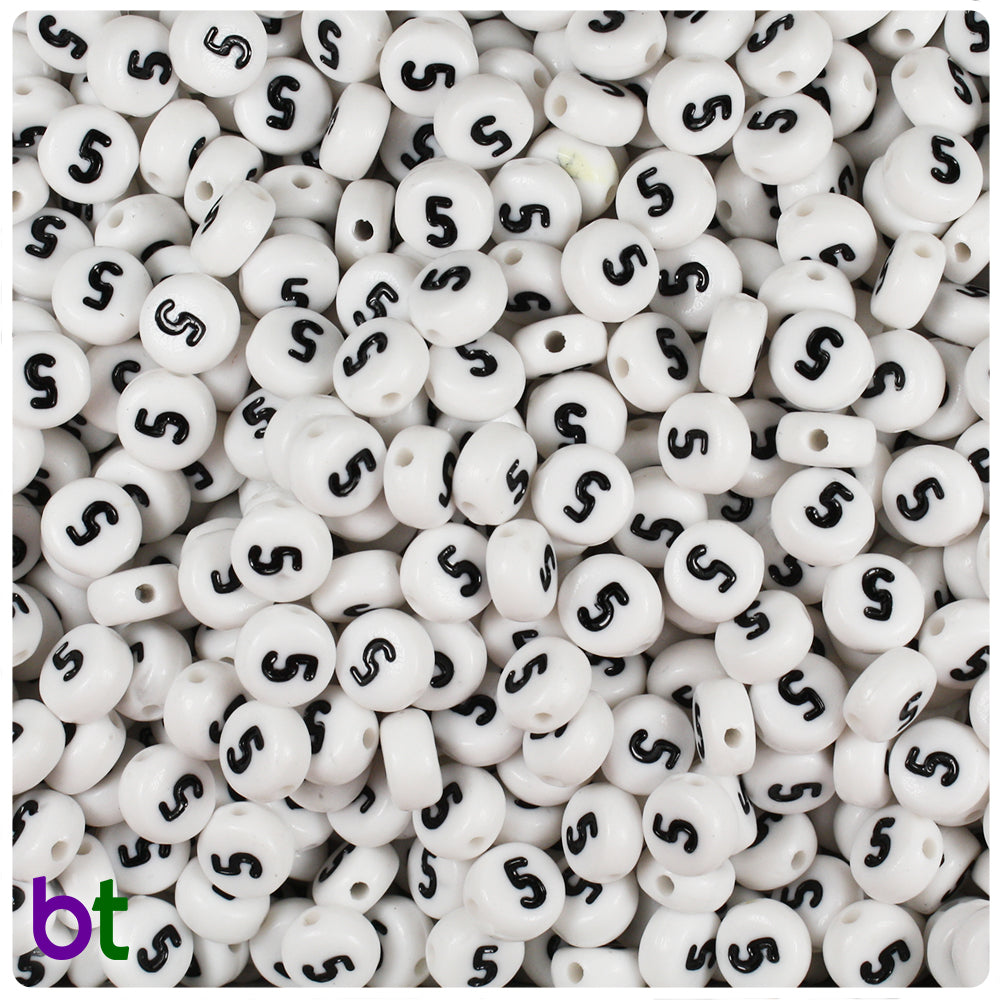 White Opaque 7mm Coin Alpha Beads - Black Number 5 (100pcs)