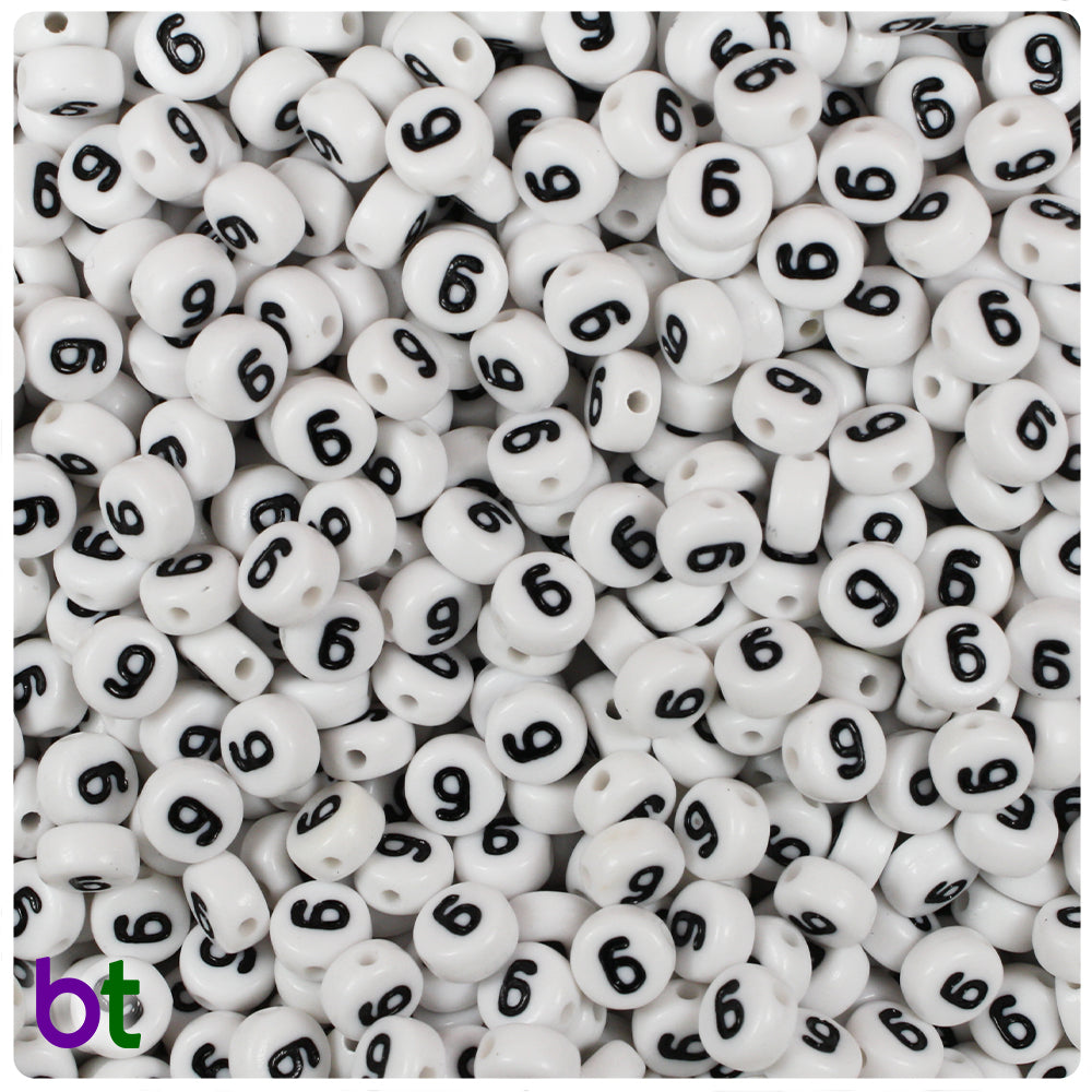 White Opaque 7mm Coin Alpha Beads - Black Number 6 or 9 (100pcs)