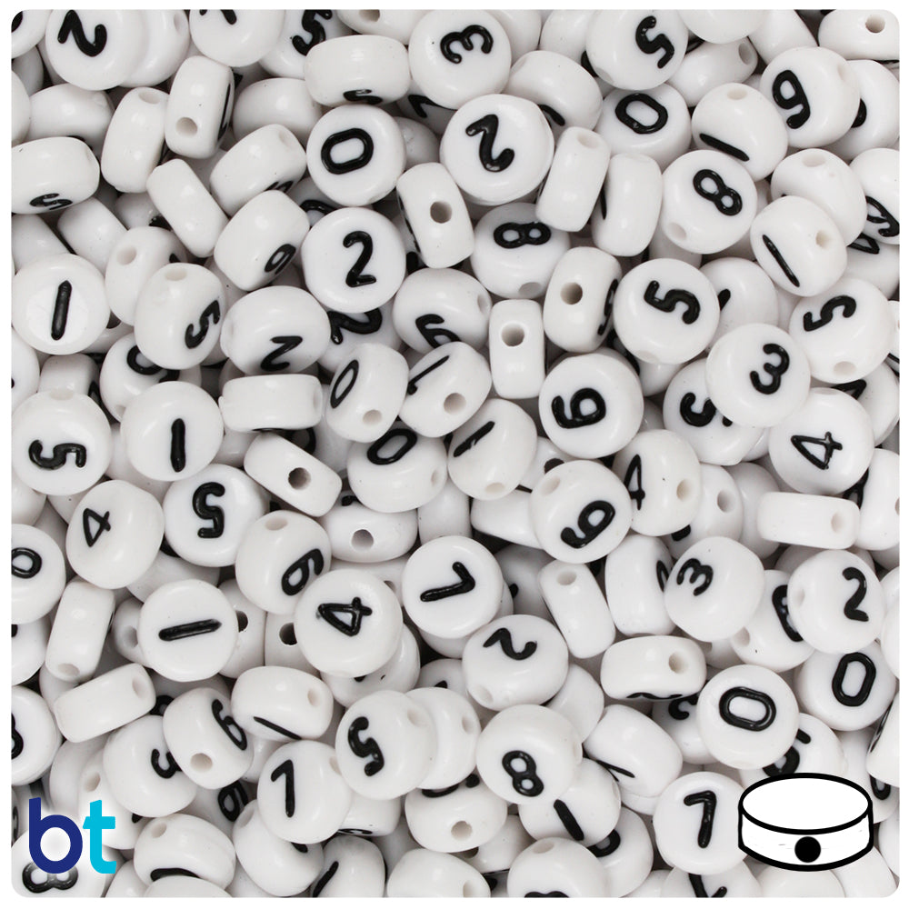 White Opaque 7mm Coin Alpha Beads - Black Number Mix (250pcs)