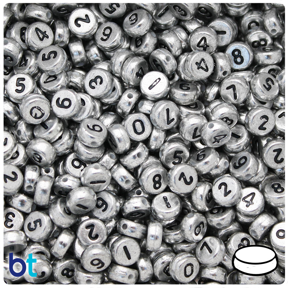Silver Metallic 7mm Coin Alpha Beads - Black Number Mix (250pcs)