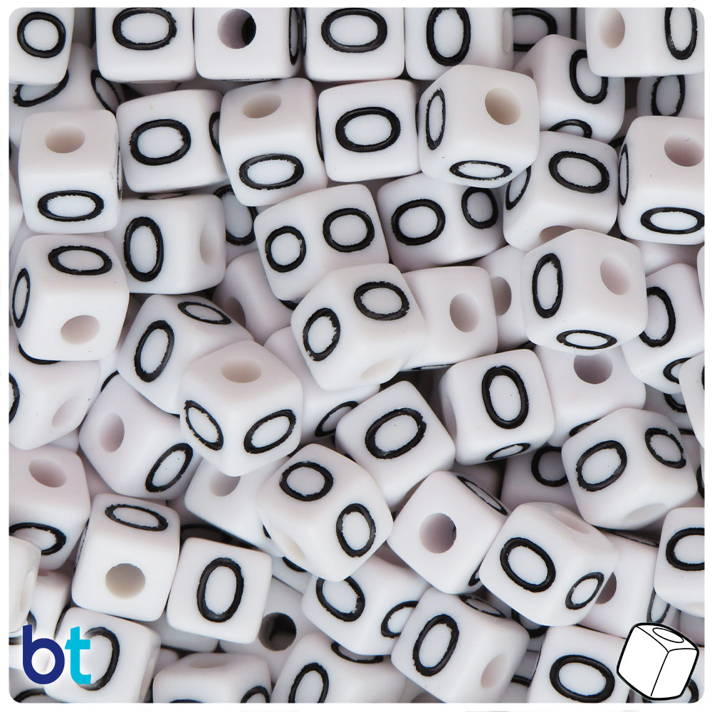 White Opaque 10mm Cube Alpha Beads - Black Number 0 (20pcs)