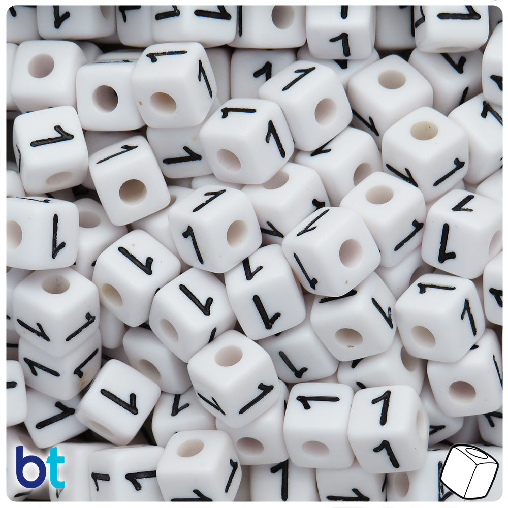 White Opaque 10mm Cube Alpha Beads - Black Number 1 (20pcs)