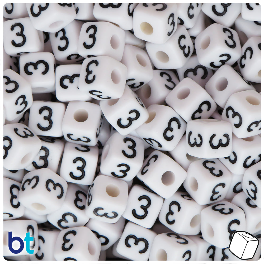 White Opaque 10mm Cube Alpha Beads - Black Number 3 (20pcs)